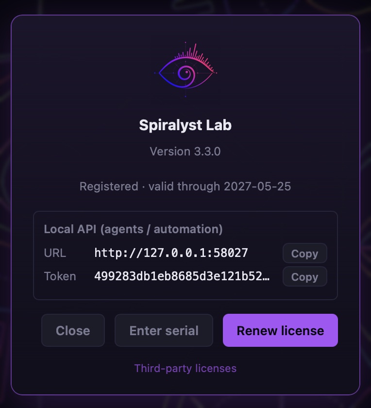 The Spiralyst Lab About dialog showing the Local API panel with URL and Token rows, each with a Copy button on the right.
