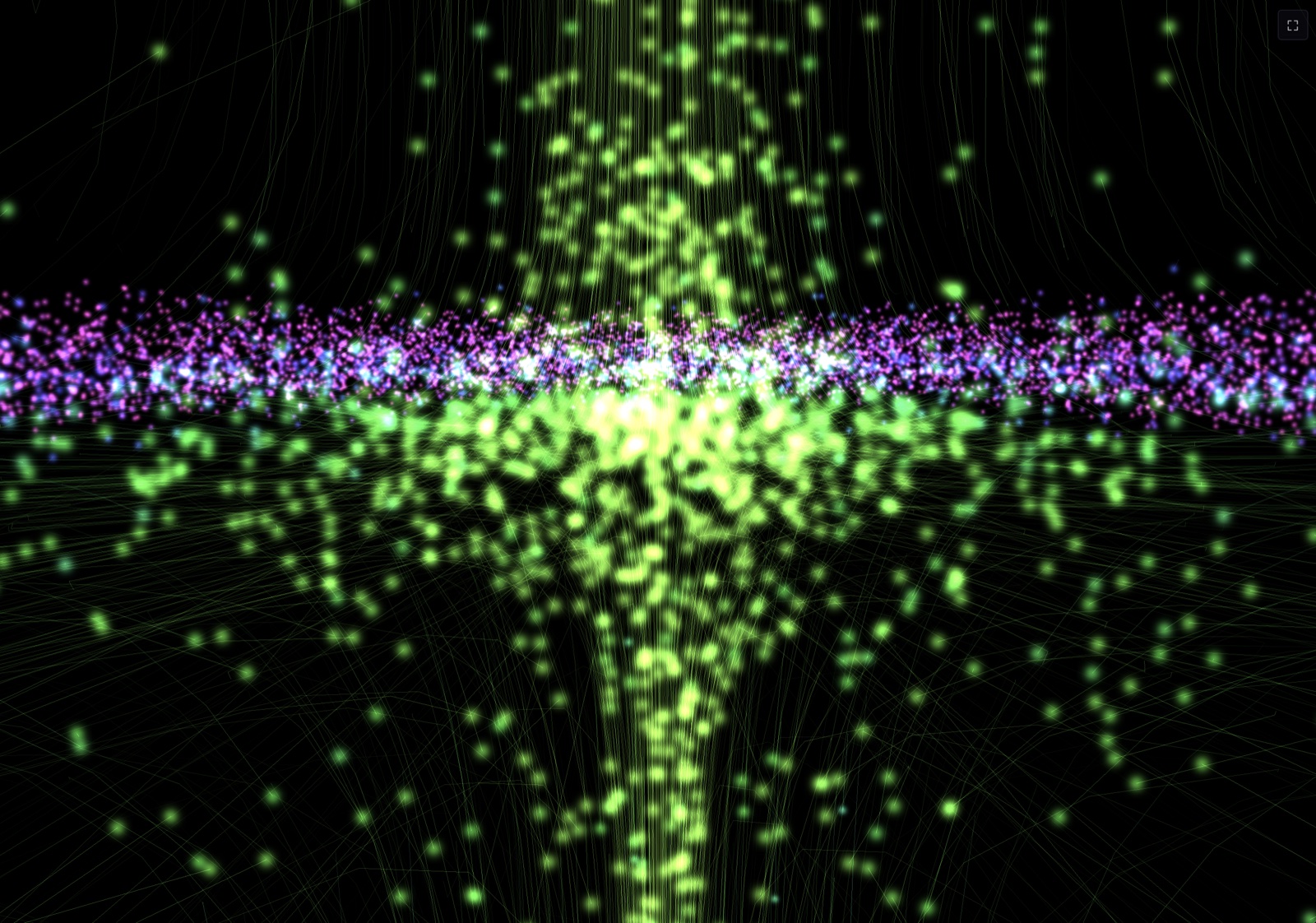 The Navier–Stokes vortex seen edge-on: a thin magenta sheet of particles with green flow above and below.