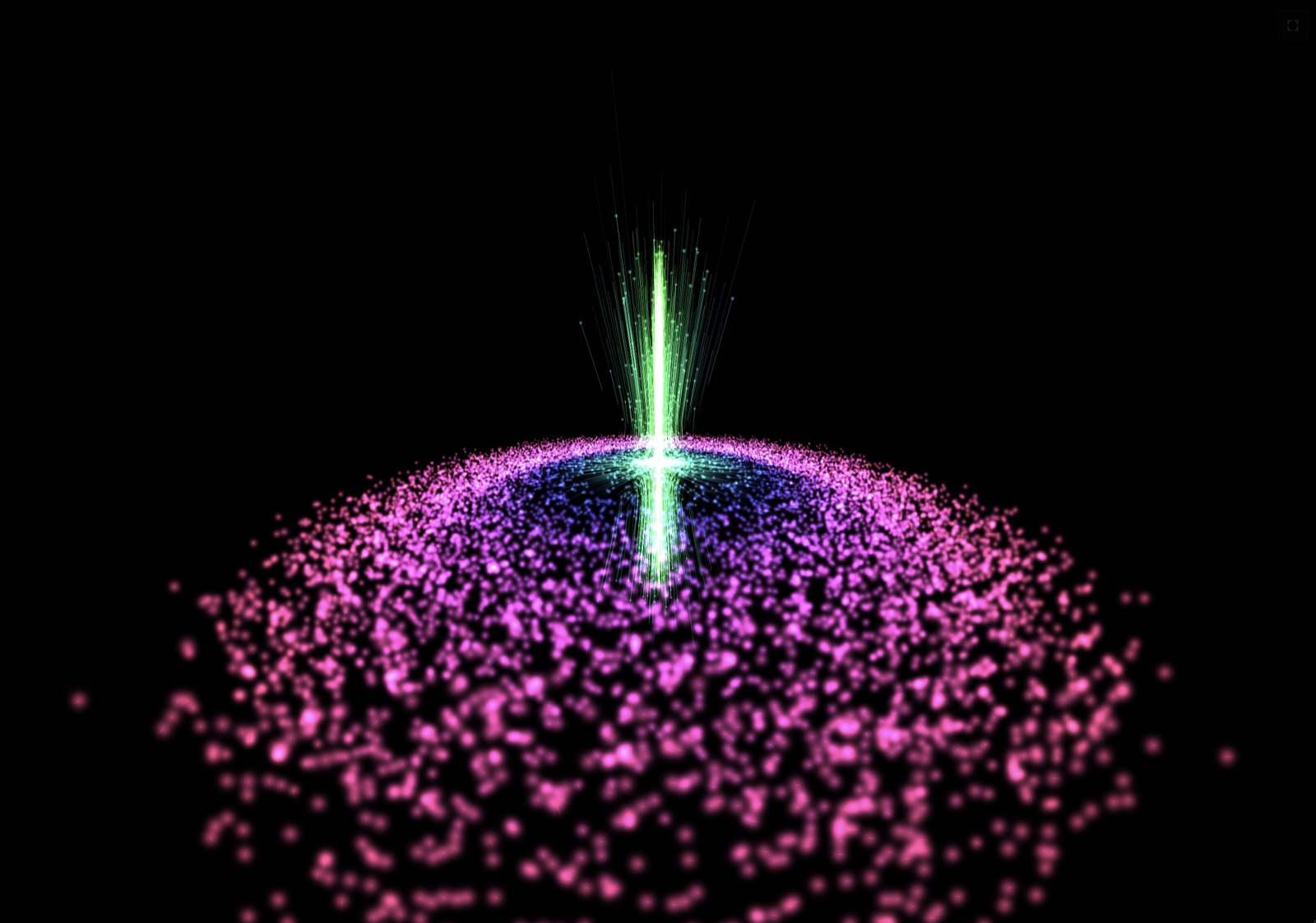 A pink and violet disc of particles seen from above, with green jets rising from its center.