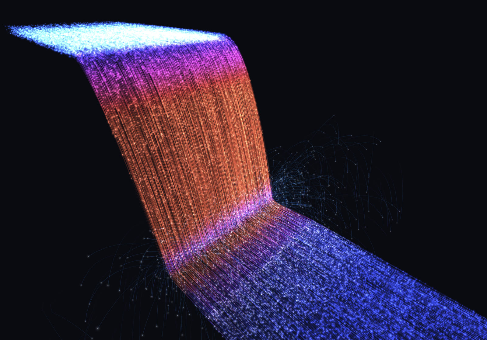 The waterfall scene coloured by speed: a pale blue river reaching the lip, the falling sheet shading from violet to orange as it accelerates, and a wide violet pool sweeping away below, with faint mist arcs at the edges.