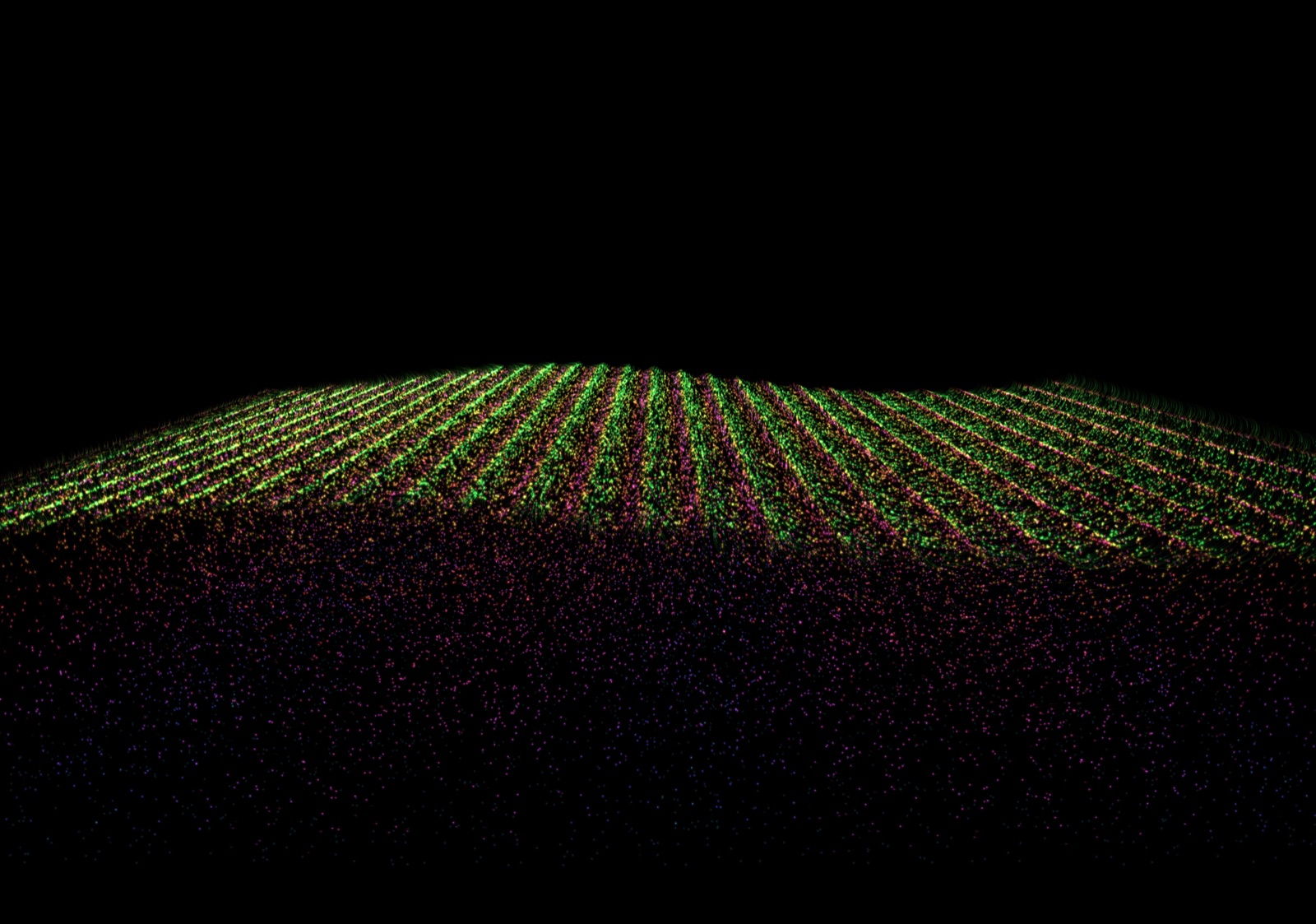 An open sea of glowing particles coloured by speed: bright green crests of the long swell in parallel rows over a darker, slower sea.