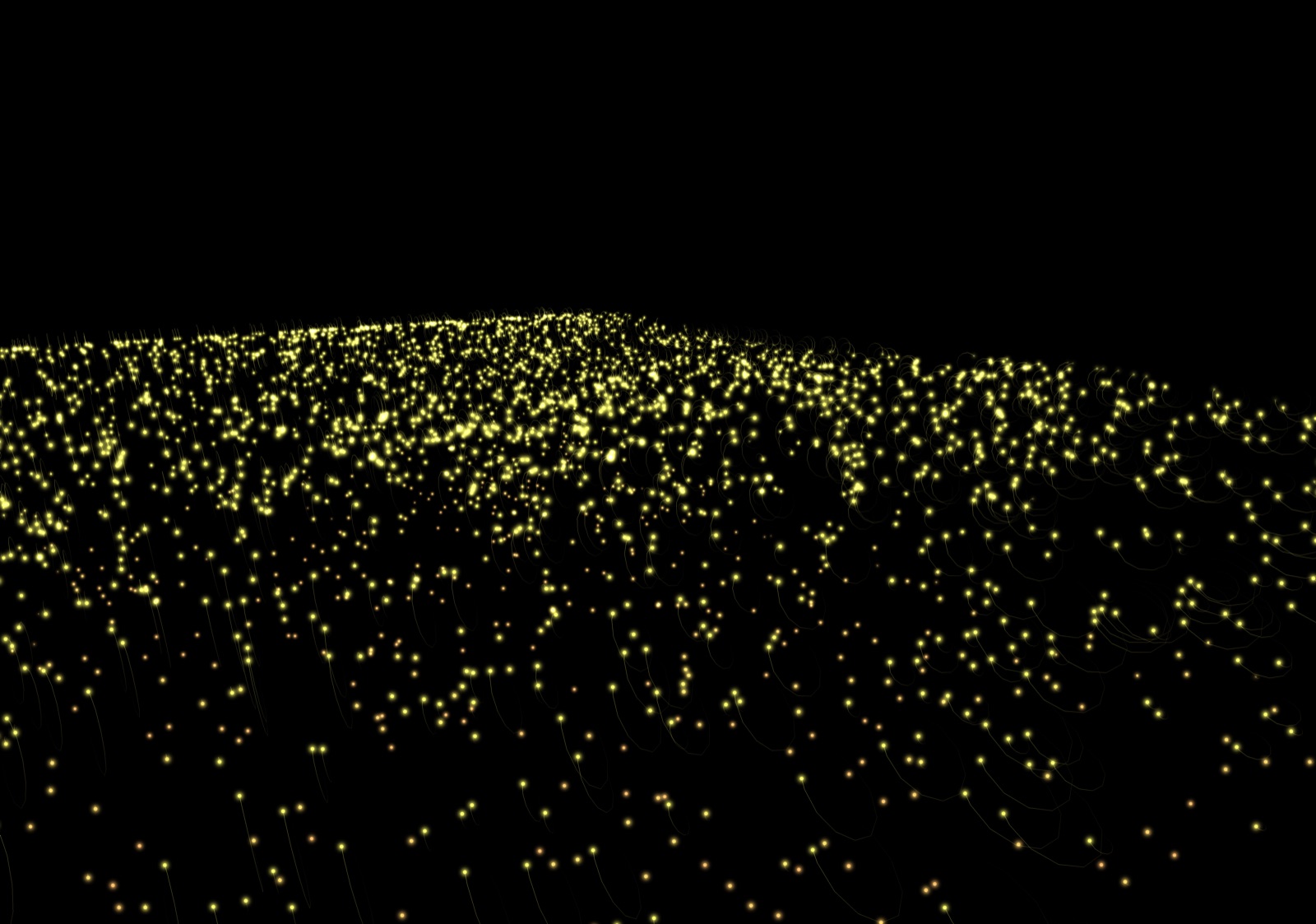 A deep-water sea of golden particles, each trailing a faint curved tail as it lags the flow.