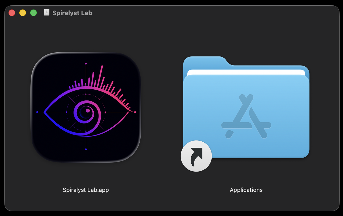 The opened Spiralyst Lab disk image in Finder — the Spiralyst Lab.app icon on the left and the Applications folder on the right; drag the app onto Applications to install it