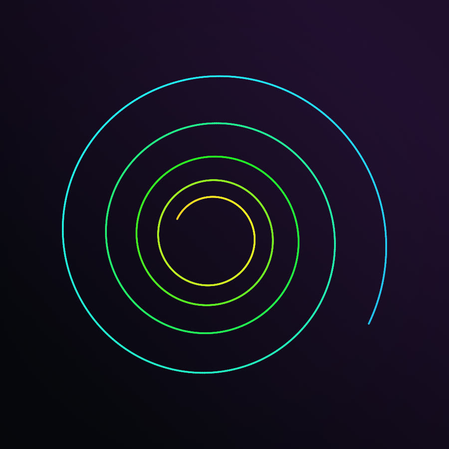 A logarithmic spiral: a single line whose turns widen steadily outward from a small yellow center to a wide cyan outer arm.