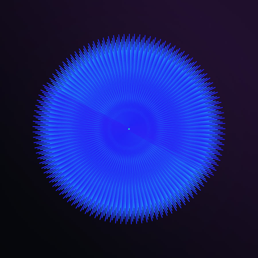 A Fermat spiral drawn as a dense woven disc of fine blue strokes radiating from a bright center point.