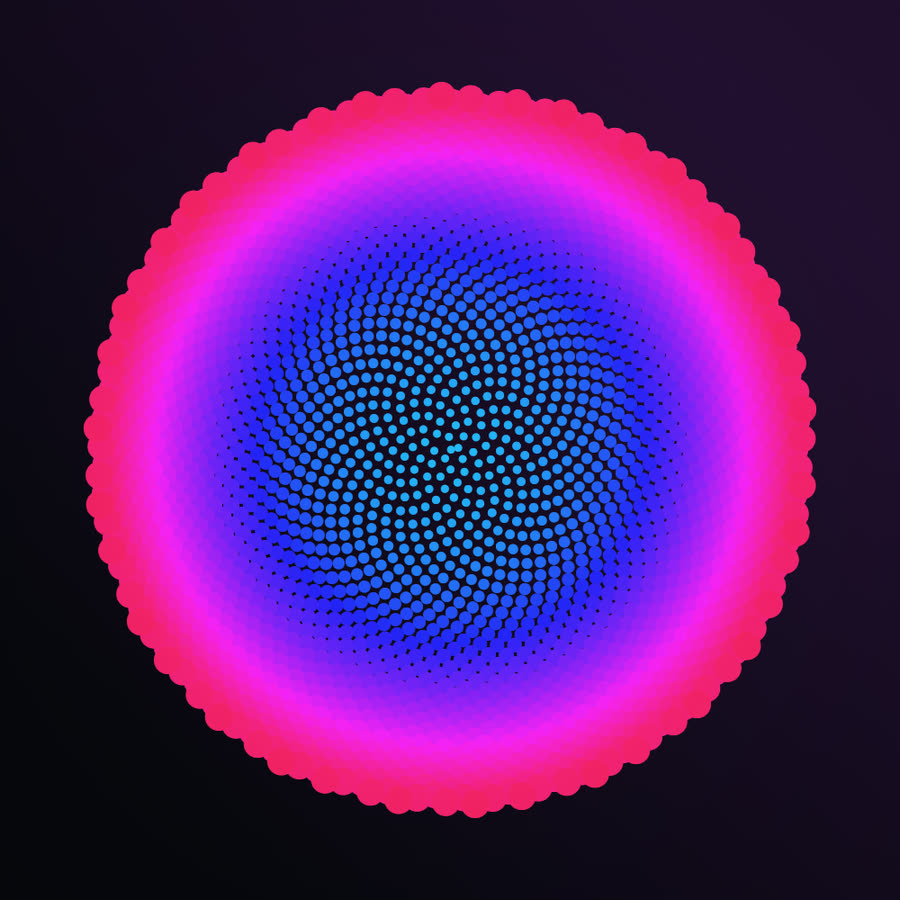 A phyllotaxis seed head: hundreds of dots packed into a disc, cyan at the center shading to a pink rim.