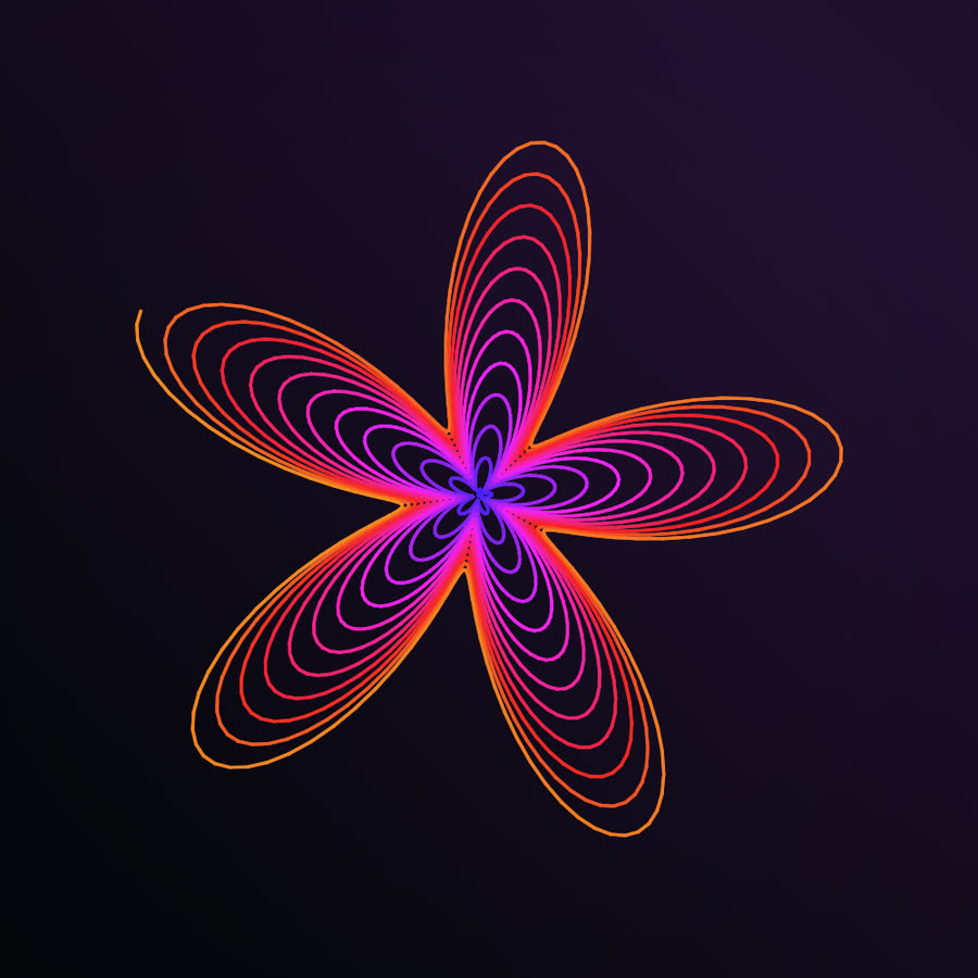 A coiled rose with five large petals, each made of many nested loops shading from violet at the center to orange at the tips.