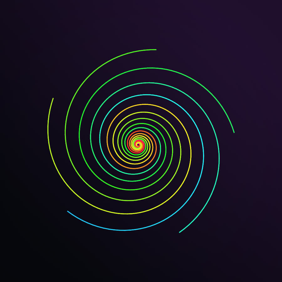 A multi-arm spiral: several logarithmic arms sharing one center, in green, yellow, orange and cyan, swirling like a pinwheel or galaxy.
