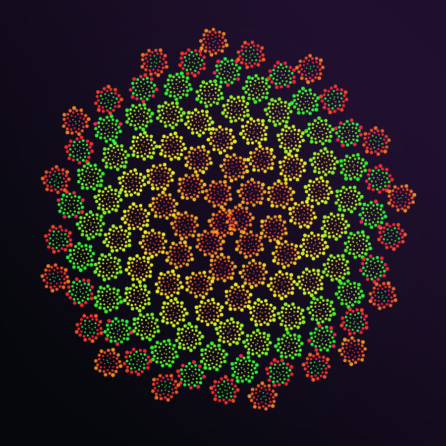 Fractal phyllotaxis: a large golden-angle pattern whose every point is itself a small cluster of dots, in red, yellow and green.