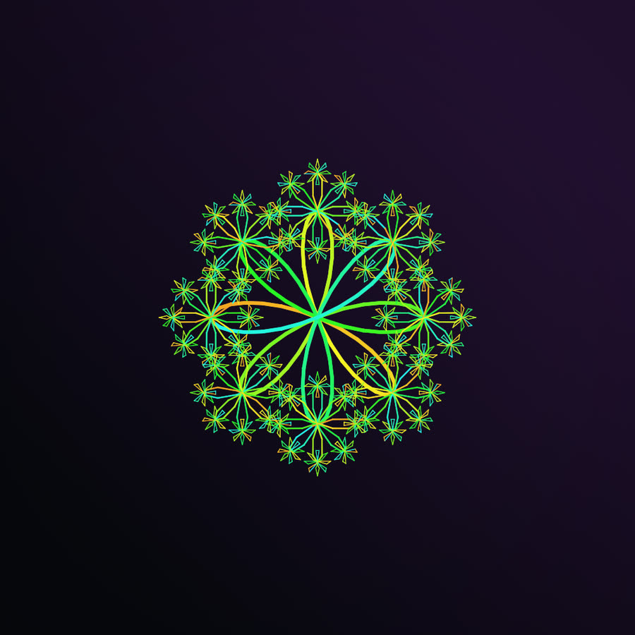 A fractal rose: a green and yellow rose curve whose petal tips each sprout smaller roses, forming a lacy circular bouquet.