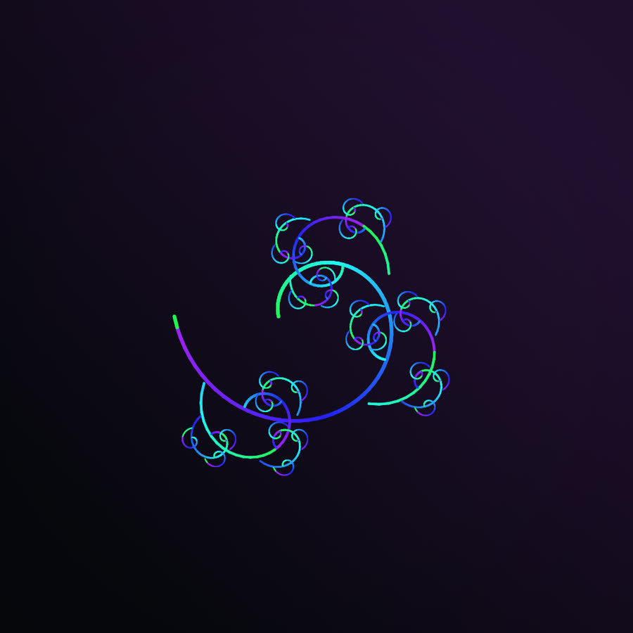 A recursive logarithmic spiral: a violet and teal curl with smaller spirals branching from it, and smaller ones from those, like an unfurling fern.
