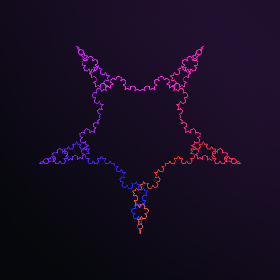 An SVG fractal: the outline of a five-pointed star whose edges have been replaced by curling Koch-style detail, shading from blue through violet to red.