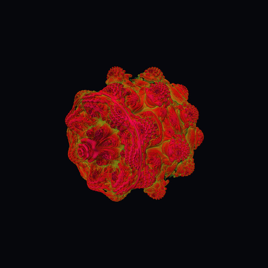 A red and yellow Mandelbulb floating on black: a round, bulbous fractal covered in cauliflower-like lobes.