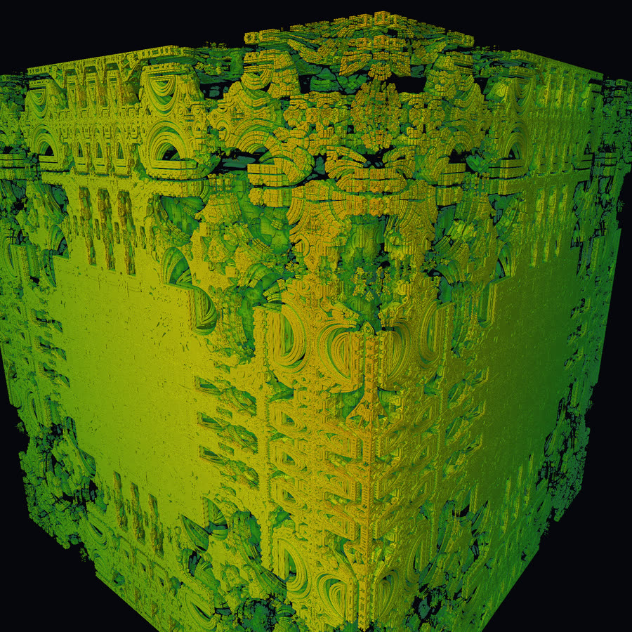 A green-gold Mandelbox seen corner-on: a huge cube whose faces are carved into nested balconies, columns and recessed corridors.
