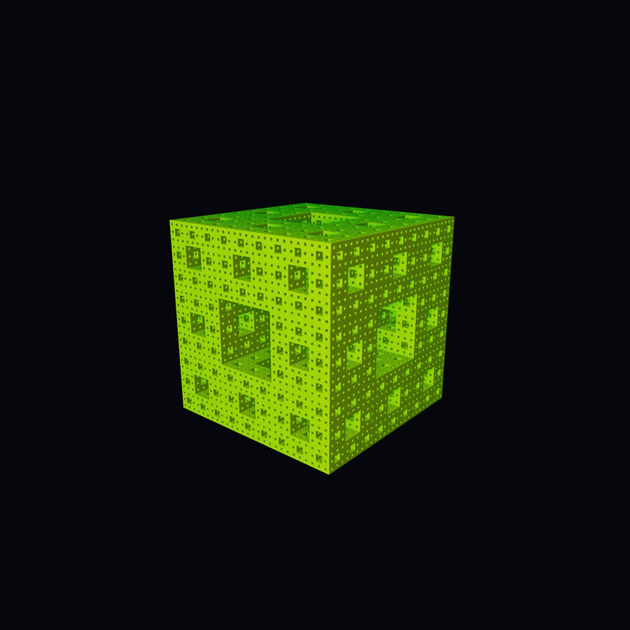 A lime-green Menger sponge: a cube pierced by square holes on every face, repeating inward.