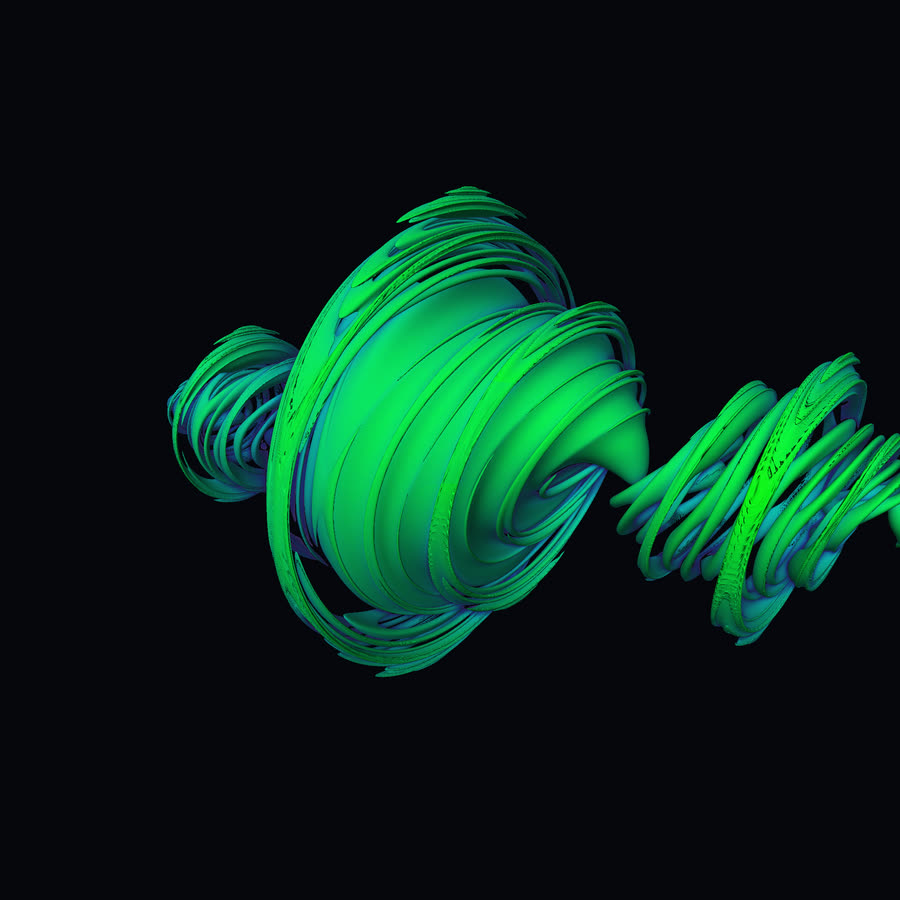 A quaternion Julia set in green: smooth, liquid-looking lobes and spiralling ribbons stretched across the frame.
