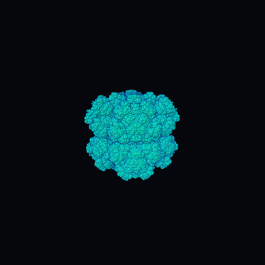 A turquoise kaleidoscopic fractal: a compact cluster of crystalline, snowflake-like growths.