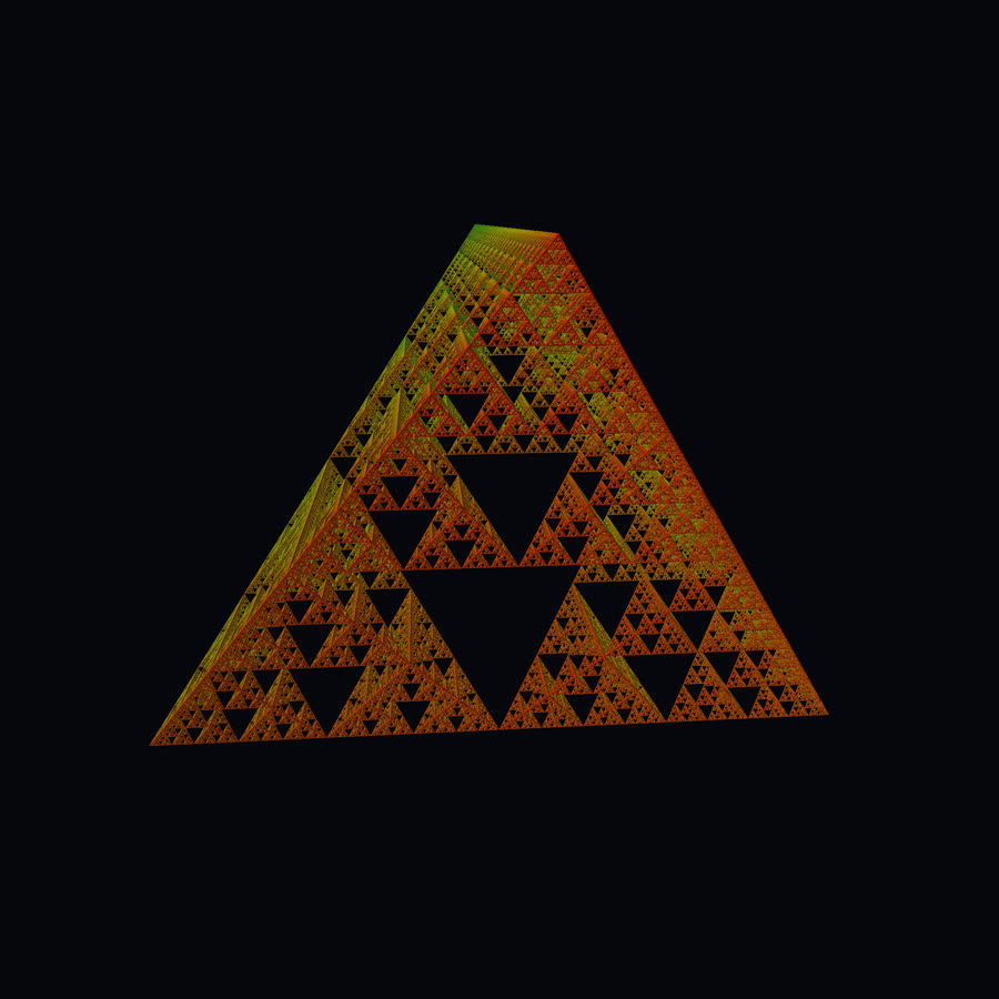 An orange Sierpinski tetrahedron: a pyramid built from smaller pyramids with triangular holes at every scale.