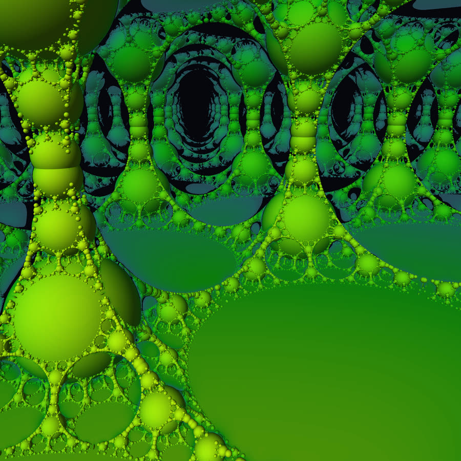 A green 3D Apollonian packing: spheres of every size nested between larger spheres, receding into a tunnel of bubbles.