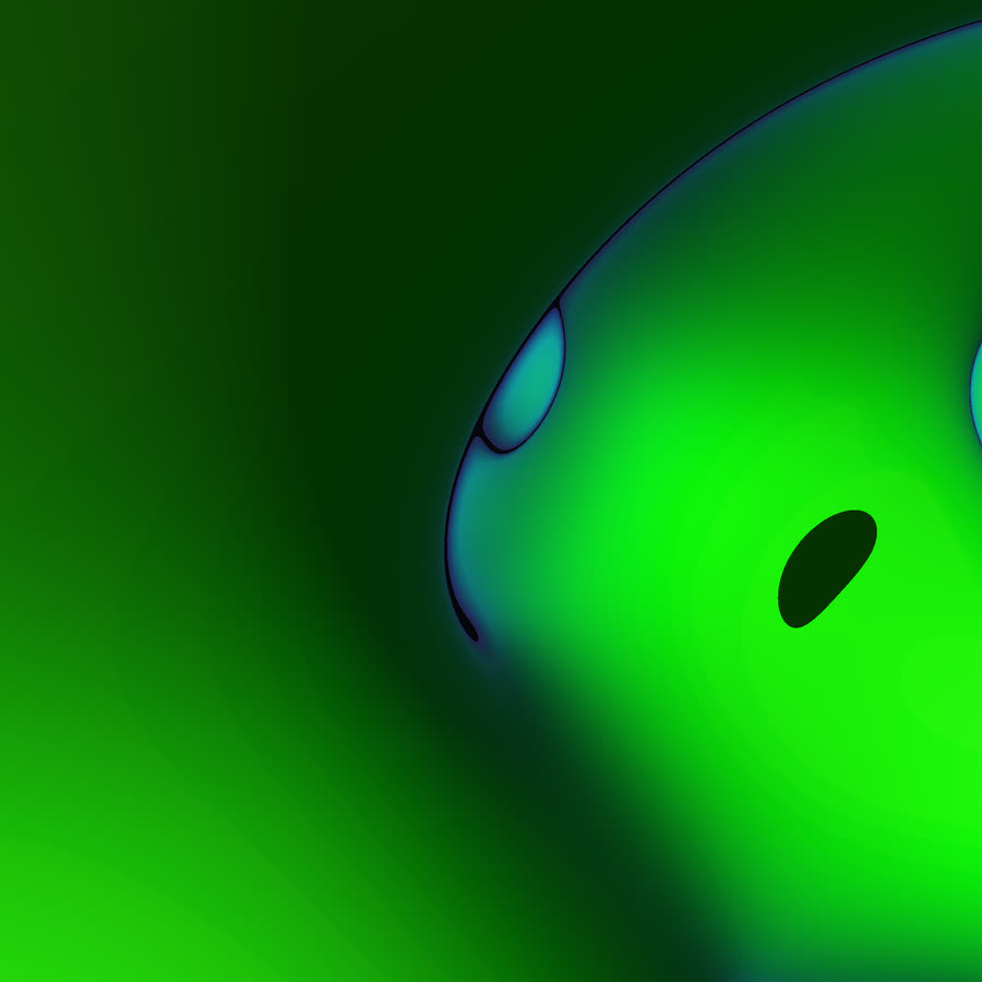 A close view of the Schwarz P minimal surface in bright green: a smooth, curved membrane with a small opening where one channel passes into the next.