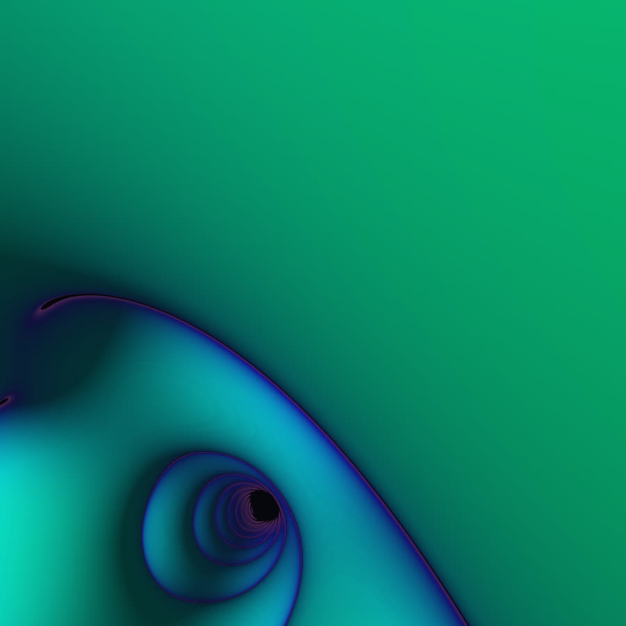 A close view of the gyroid surface in teal and blue: a smooth curving membrane spiralling into a tunnel.