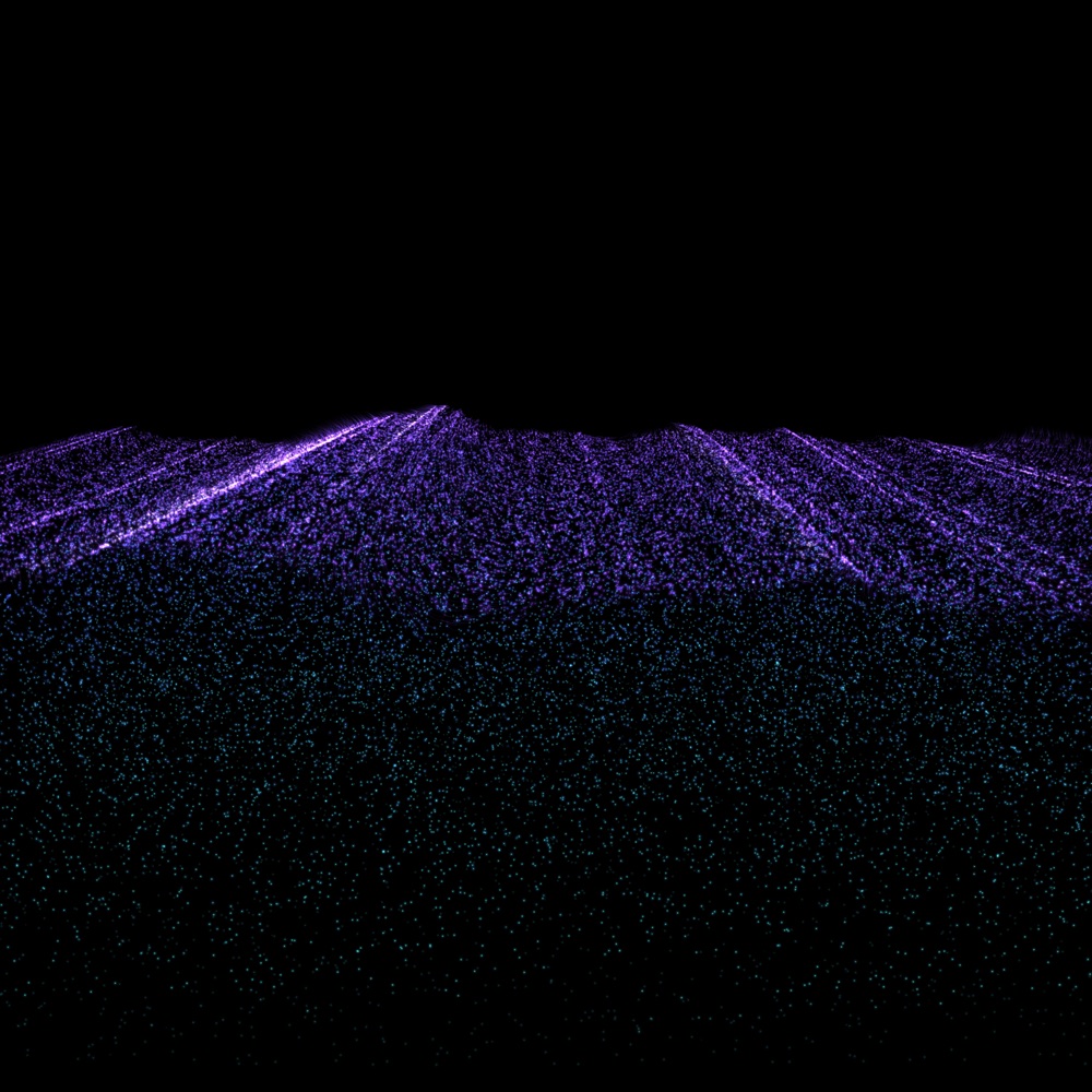 The open sea seen from slightly above: a violet crest line of glowing drops over a deep water column that fades to teal with depth.