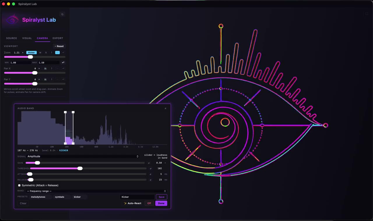 Spiralyst Lab rendering a logo fractal live and reacting to audio