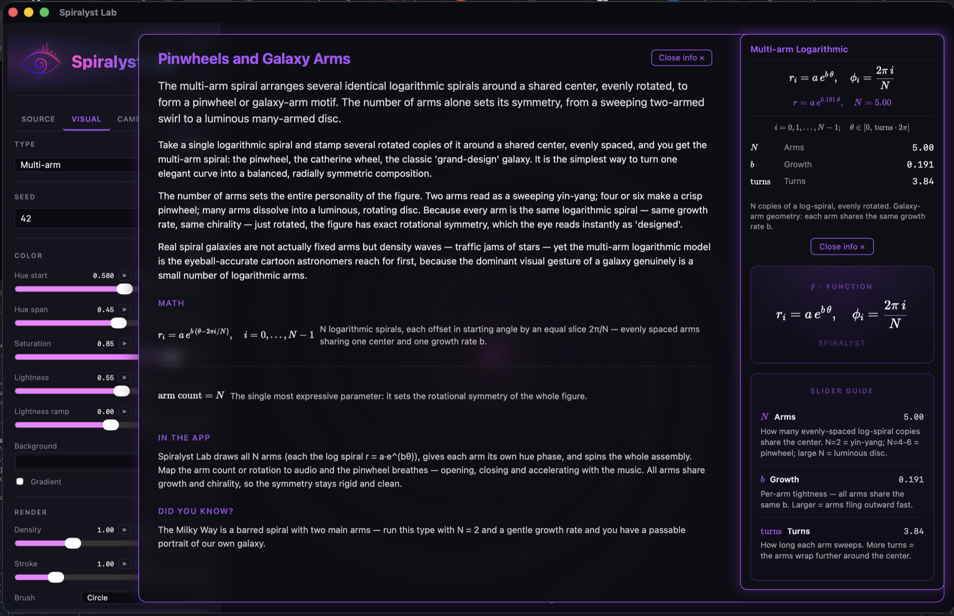 The Math Mode info card open over the Multi-arm Logarithmic canvas. The article 'Pinwheels and Galaxy Arms' fills the center with a short summary, three long-form paragraphs, a Math section with the formula plus a plain-text note, an 'In the app' section explaining how Spiralyst Lab renders the type, and a 'Did you know?' fact. The right gutter shows the hero formula card and a slider guide listing Arms (N=5.00), Growth (b=0.191), and Turns (3.84) with descriptions for each.