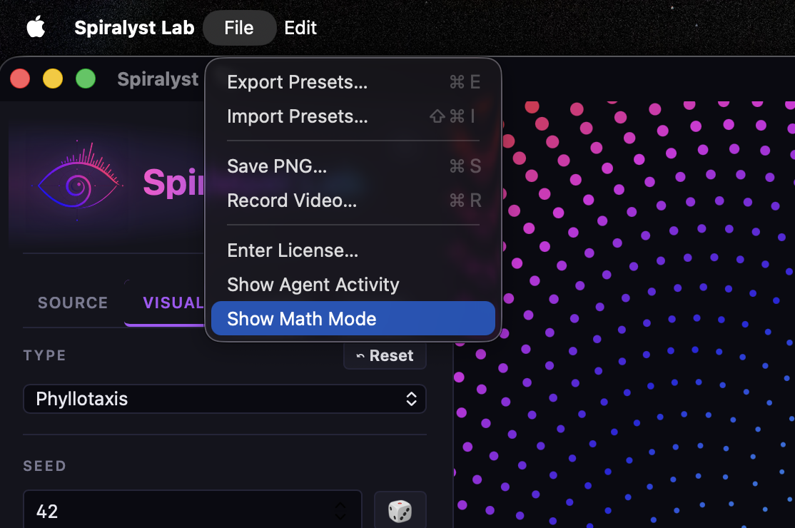 The Spiralyst Lab File menu open, showing 'Show Math Mode' highlighted at the bottom of the list — sibling to Export Presets, Import Presets, Save PNG, Record Video, Enter License, and Show Agent Activity.