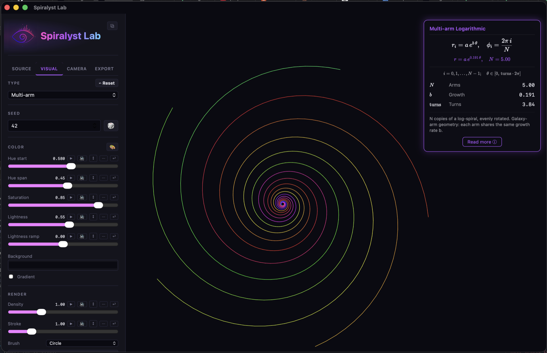 Spiralyst Lab with Math Mode enabled. A Multi-arm Logarithmic spiral renders on the canvas, with a purple-bordered tile in the upper-right corner showing the equation r_i = a·e^(b·θ), φ_i = 2π·i/N, evaluated to r = a·e^(0.191·θ), N = 5.00, plus parameter readouts for Arms, Growth, and Turns.