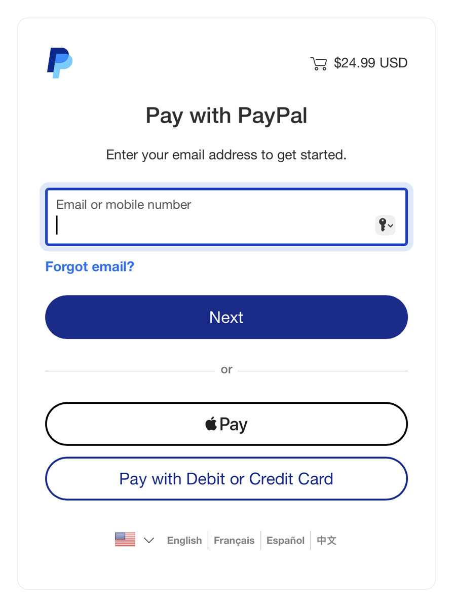 PayPal window showing an Apple Pay button and a 'Pay with Debit or Credit Card' button beneath the email field, with a $24.99 USD total