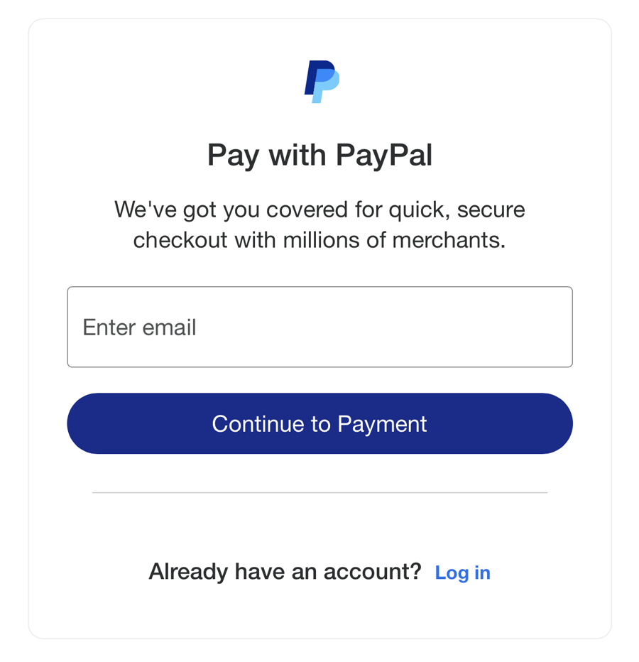 PayPal guest checkout asking you to enter an email, with a 'Continue to Payment' button