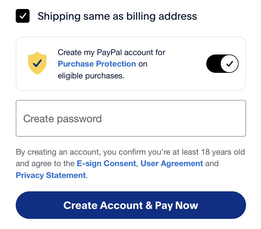 PayPal form with the 'Create my PayPal account' toggle switched on, showing a Create password field and a 'Create Account & Pay Now' button