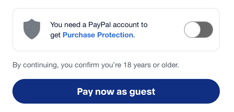 PayPal form with the create-account toggle switched off and a 'Pay now as guest' button