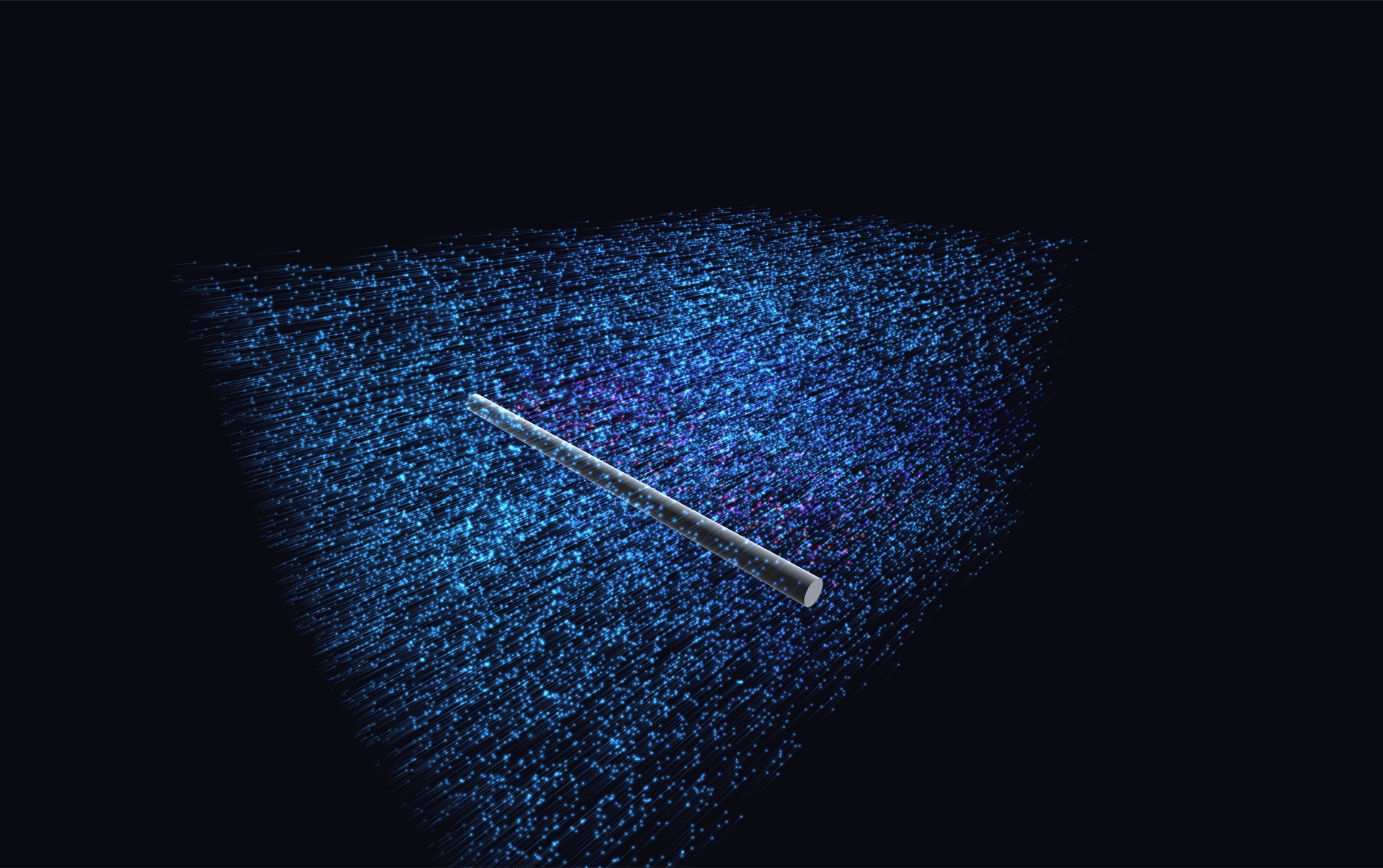 Wind Flow: tens of glowing blue smoke lanes streaming through a rectangular wind tunnel past a cylinder, the wake behind it tinged red and violet.