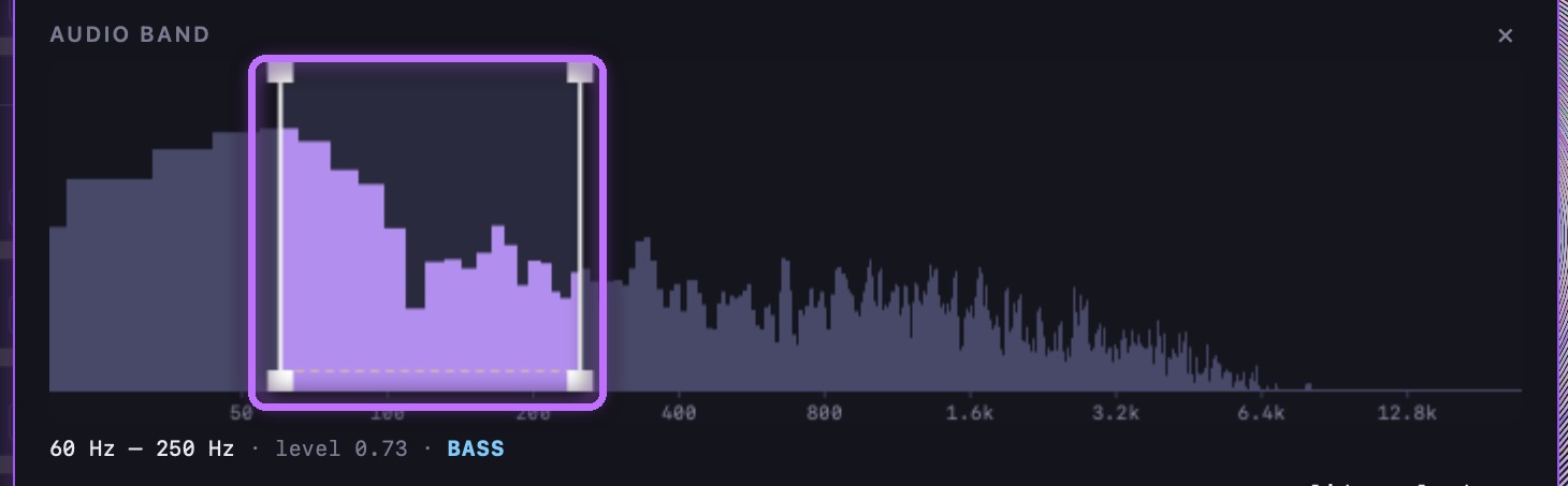 The spectrum popover with draggable band-edge handles selecting a low-frequency (bass) range