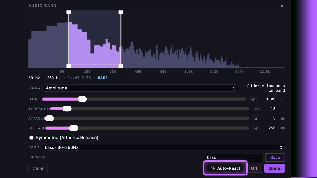 The audio-band reactivity popover — live spectrum, gain/threshold/signal controls, and the ✨ Auto-React button highlighted
