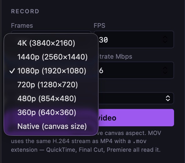 Spiralyst Lab's video resolution menu — up to 4K (3840×2160) down to 360p, plus Native (canvas size)