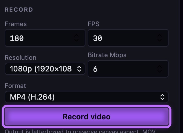 Spiralyst Lab's Record group — frames, FPS, resolution, bitrate, and format — with the Record video button highlighted
