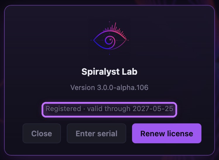 Spiralyst Lab's About box showing Registered and the license valid-through date