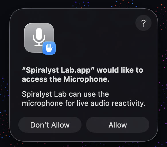 macOS dialog: Spiralyst Lab.app would like to access the Microphone, with Don't Allow and Allow buttons