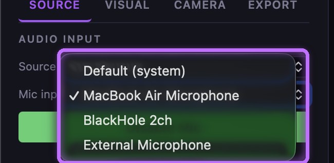 The Mic input dropdown listing Default (system), MacBook Air Microphone, BlackHole 2ch, and External Microphone