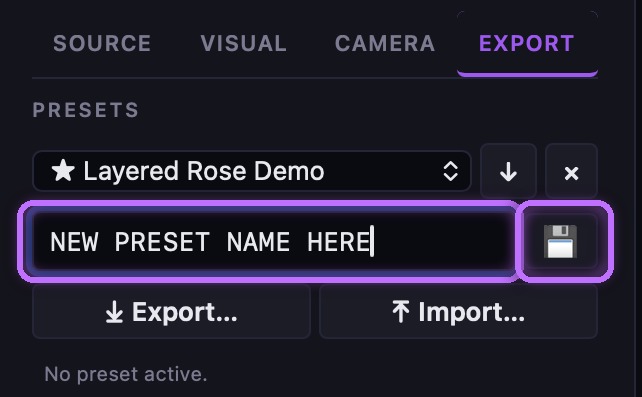Spiralyst Lab's Presets group in the Export tab with a name field and the 💾 save button highlighted