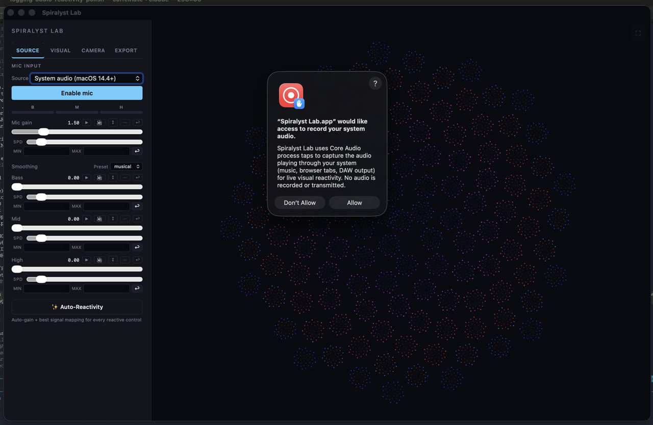 Spiralyst Lab's Source tab with System audio selected and the macOS permission dialog appearing over the artwork