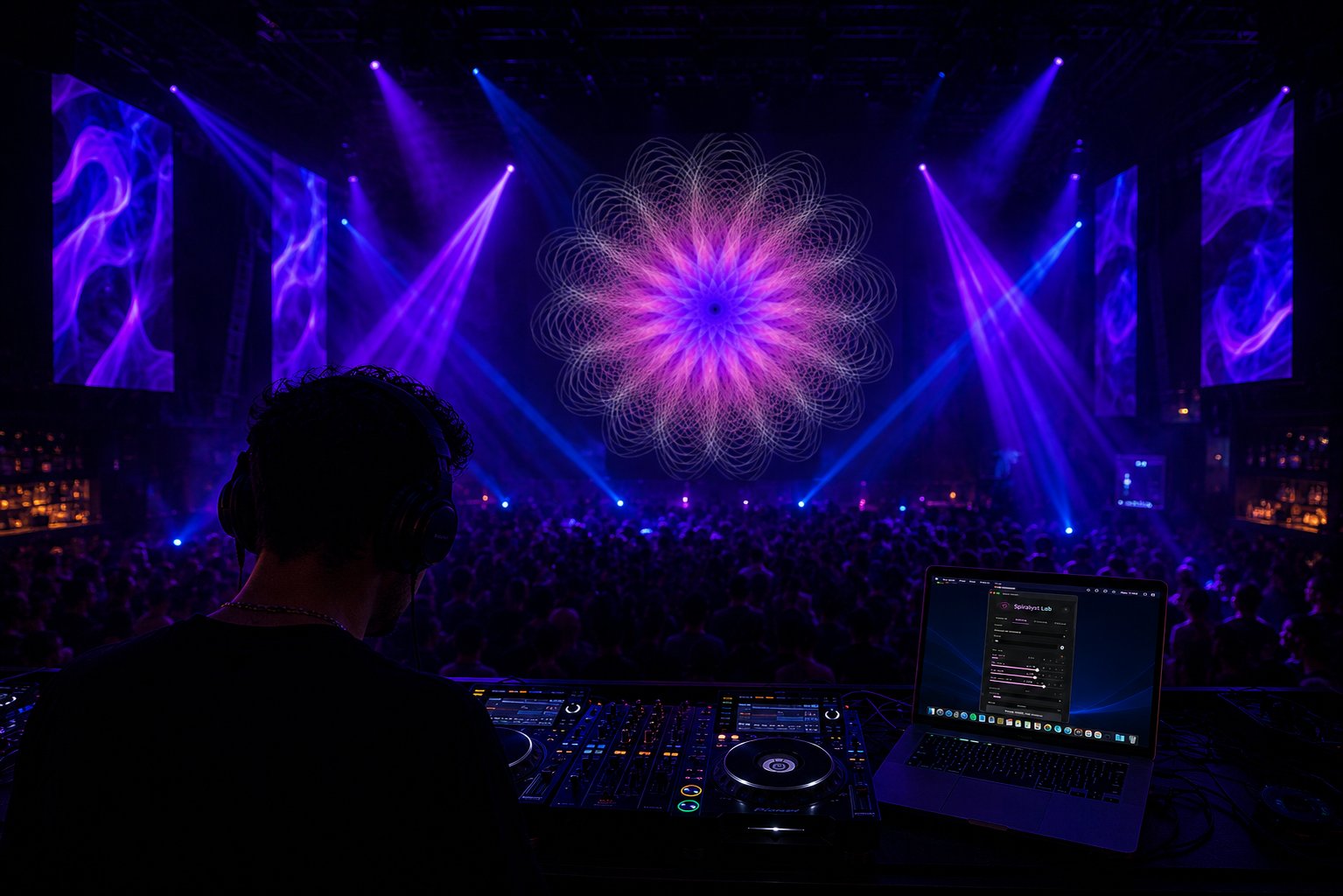 A DJ driving the crowd with a Spiralyst Lab fractal fullscreen on the venue screens