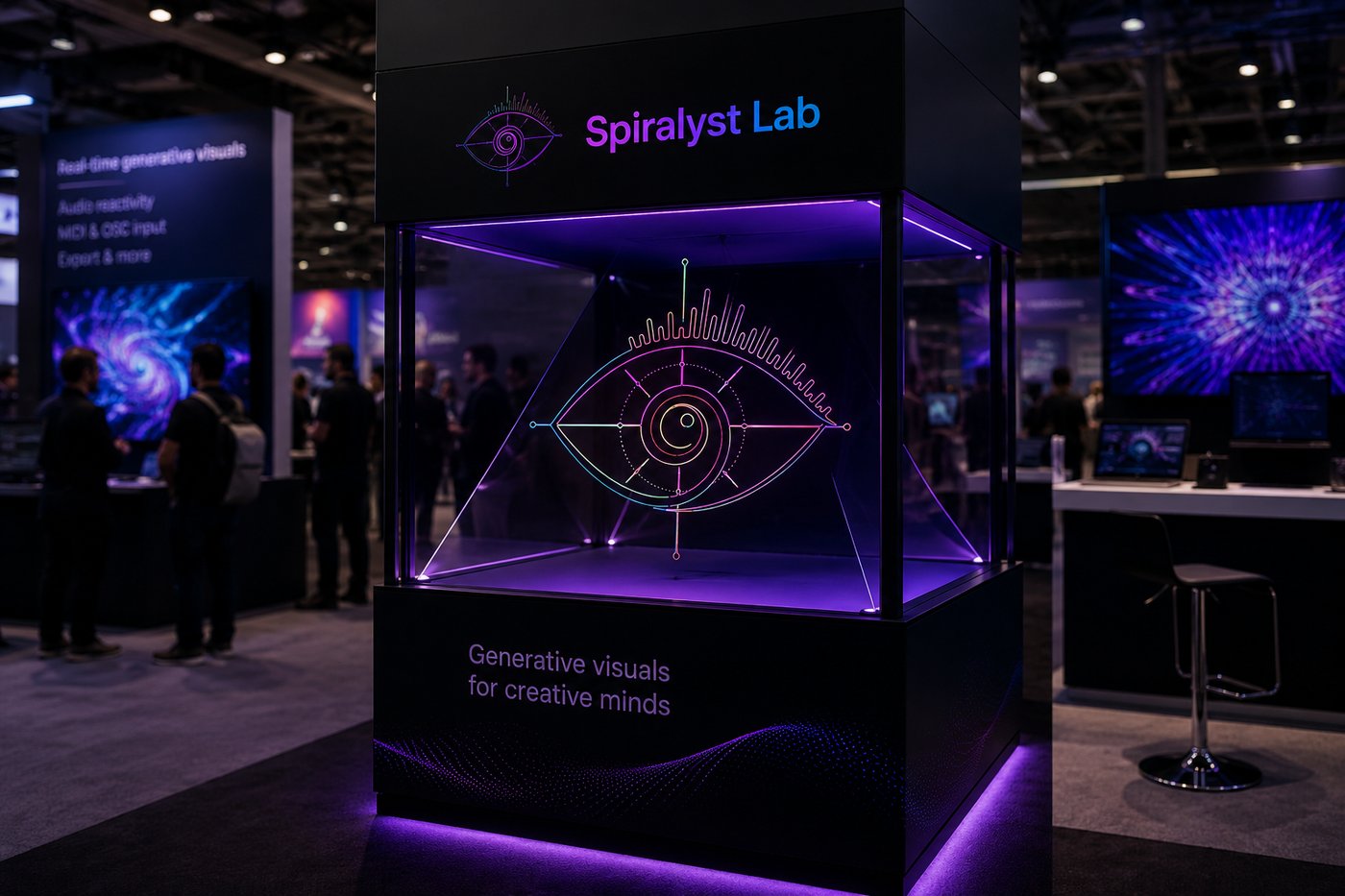 A Spiralyst Lab trade-show booth — the eye logo glowing in a glass hologram display